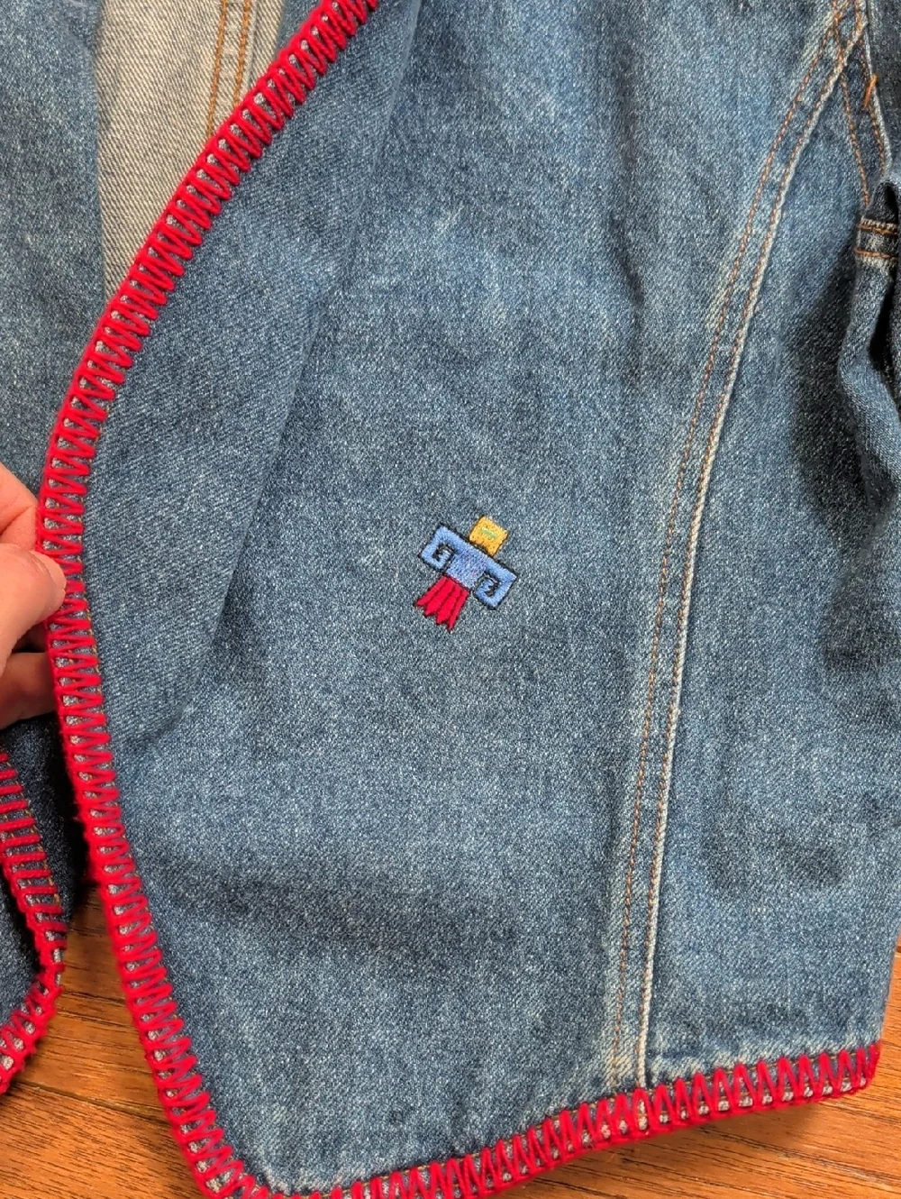 An Original Rickie Vintage Aztec Western Equestrian Denim Jacket with Red Trim